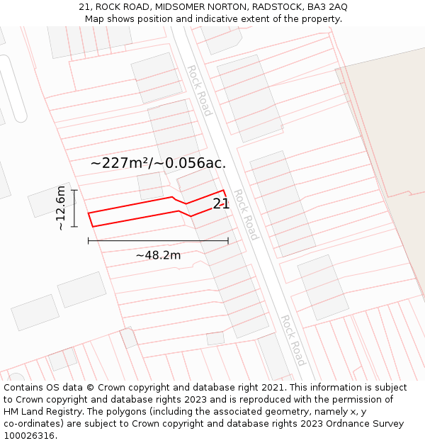 21, ROCK ROAD, MIDSOMER NORTON, RADSTOCK, BA3 2AQ: Plot and title map