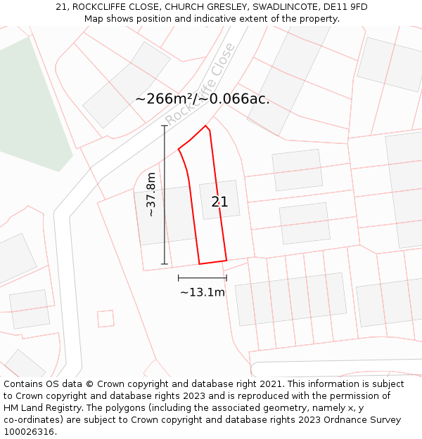 21, ROCKCLIFFE CLOSE, CHURCH GRESLEY, SWADLINCOTE, DE11 9FD: Plot and title map