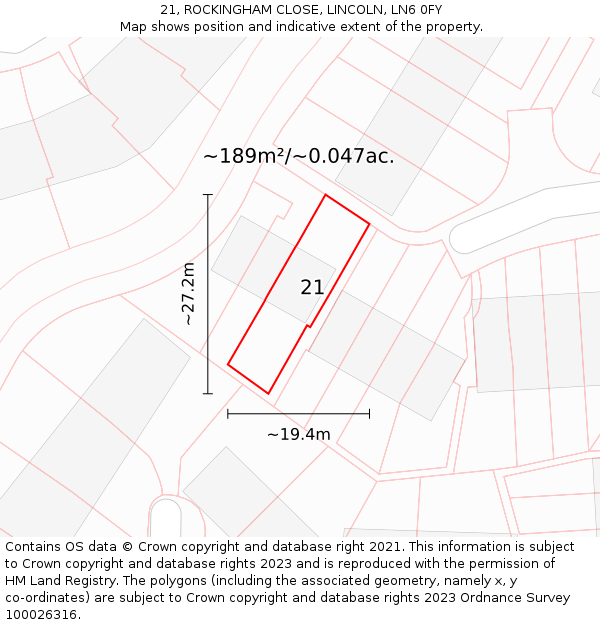 21, ROCKINGHAM CLOSE, LINCOLN, LN6 0FY: Plot and title map