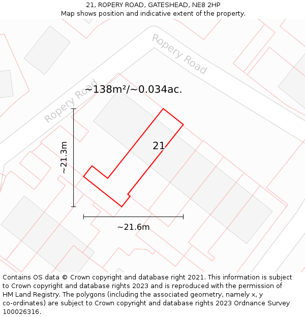 21, ROPERY ROAD, GATESHEAD, NE8 2HP: Plot and title map
