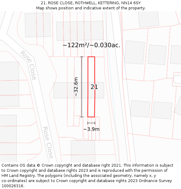 21, ROSE CLOSE, ROTHWELL, KETTERING, NN14 6SY: Plot and title map