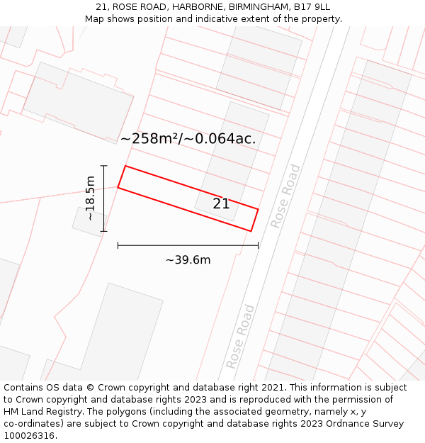 21, ROSE ROAD, HARBORNE, BIRMINGHAM, B17 9LL: Plot and title map