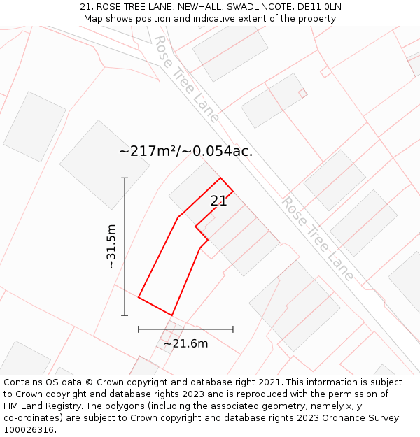 21, ROSE TREE LANE, NEWHALL, SWADLINCOTE, DE11 0LN: Plot and title map