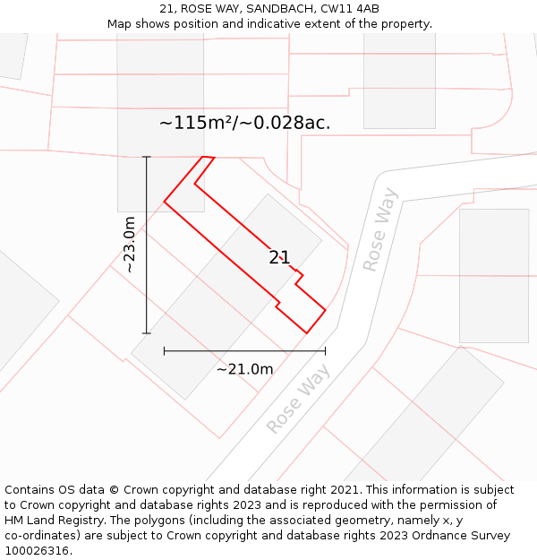 21, ROSE WAY, SANDBACH, CW11 4AB: Plot and title map