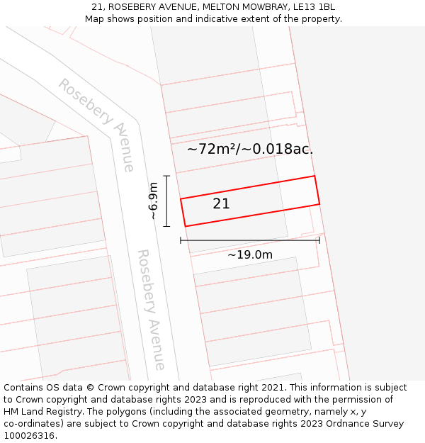 21, ROSEBERY AVENUE, MELTON MOWBRAY, LE13 1BL: Plot and title map