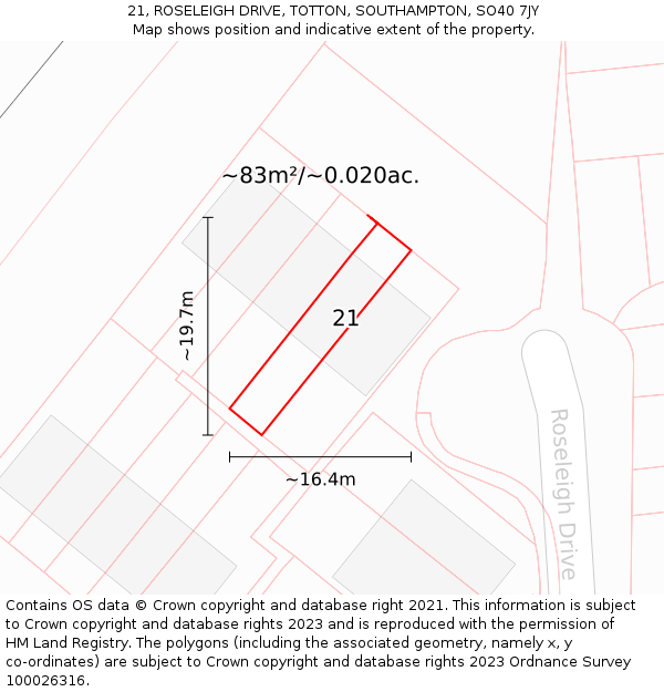 21, ROSELEIGH DRIVE, TOTTON, SOUTHAMPTON, SO40 7JY: Plot and title map