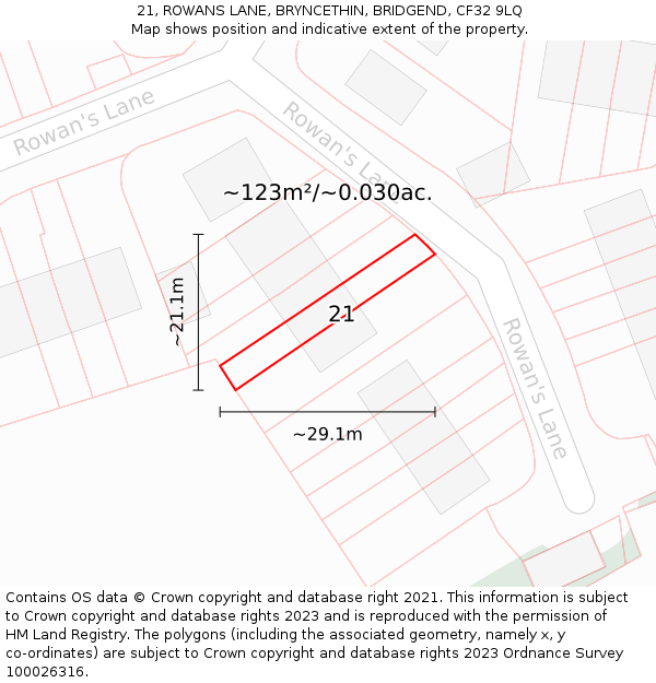 21, ROWANS LANE, BRYNCETHIN, BRIDGEND, CF32 9LQ: Plot and title map