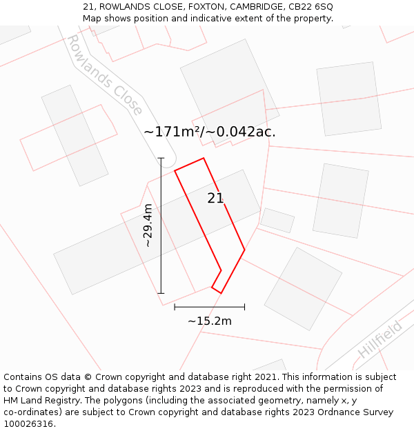 21, ROWLANDS CLOSE, FOXTON, CAMBRIDGE, CB22 6SQ: Plot and title map