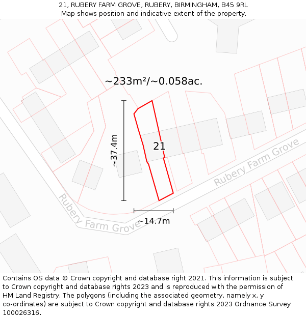 21, RUBERY FARM GROVE, RUBERY, BIRMINGHAM, B45 9RL: Plot and title map