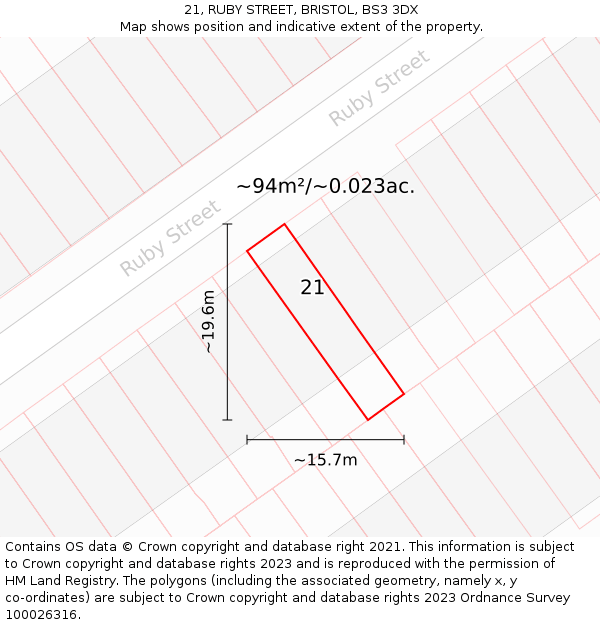21, RUBY STREET, BRISTOL, BS3 3DX: Plot and title map