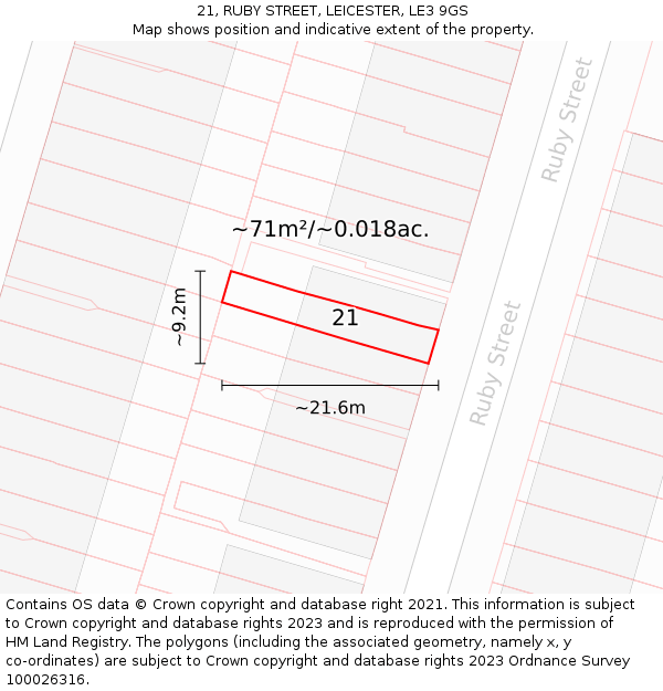 21, RUBY STREET, LEICESTER, LE3 9GS: Plot and title map