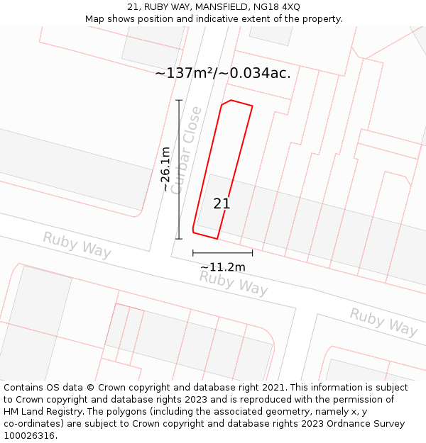 21, RUBY WAY, MANSFIELD, NG18 4XQ: Plot and title map