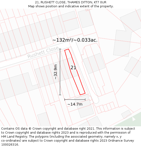 21, RUSHETT CLOSE, THAMES DITTON, KT7 0UR: Plot and title map