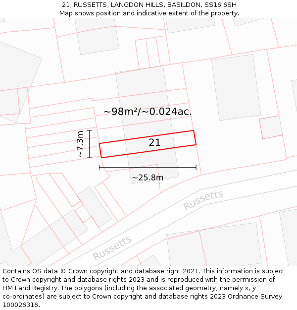 21, RUSSETTS, LANGDON HILLS, BASILDON, SS16 6SH: Plot and title map