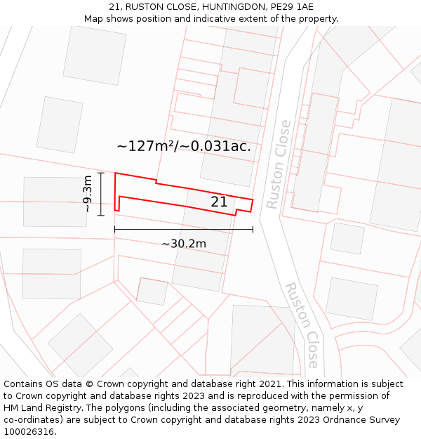 21, RUSTON CLOSE, HUNTINGDON, PE29 1AE: Plot and title map