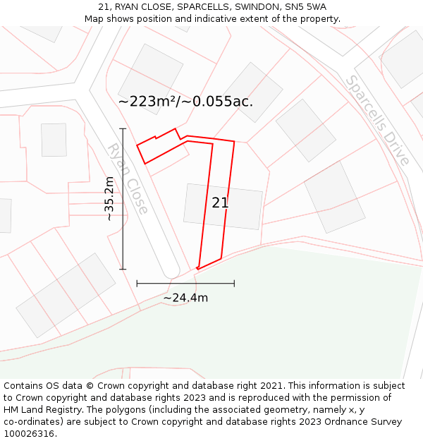 21, RYAN CLOSE, SPARCELLS, SWINDON, SN5 5WA: Plot and title map