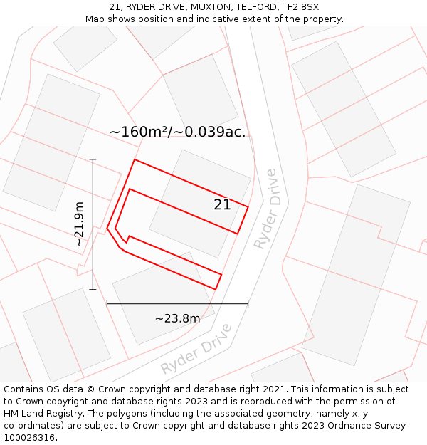 21, RYDER DRIVE, MUXTON, TELFORD, TF2 8SX: Plot and title map