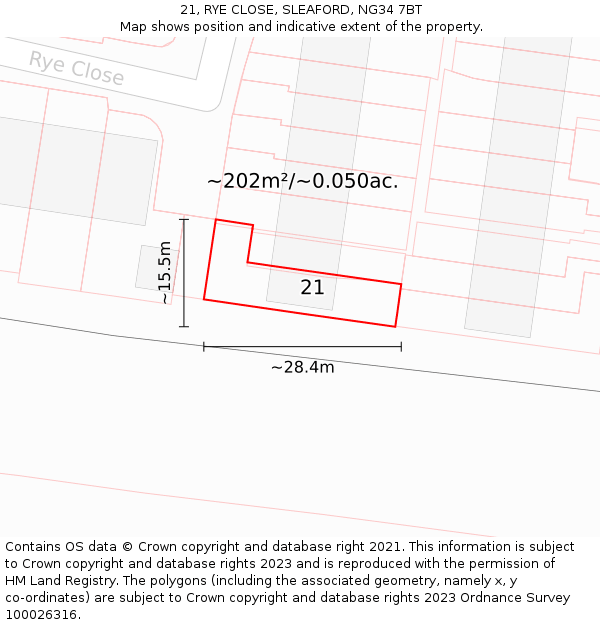 21, RYE CLOSE, SLEAFORD, NG34 7BT: Plot and title map
