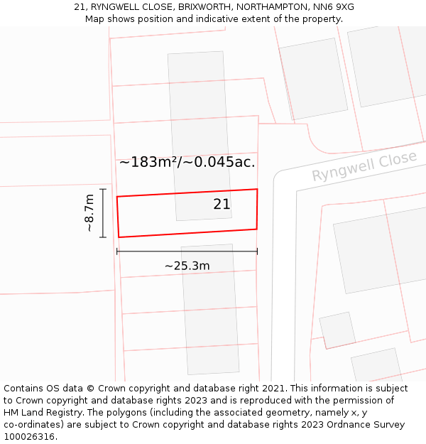 21, RYNGWELL CLOSE, BRIXWORTH, NORTHAMPTON, NN6 9XG: Plot and title map