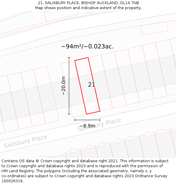 21, SALISBURY PLACE, BISHOP AUCKLAND, DL14 7NB: Plot and title map