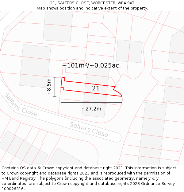 21, SALTERS CLOSE, WORCESTER, WR4 9XT: Plot and title map