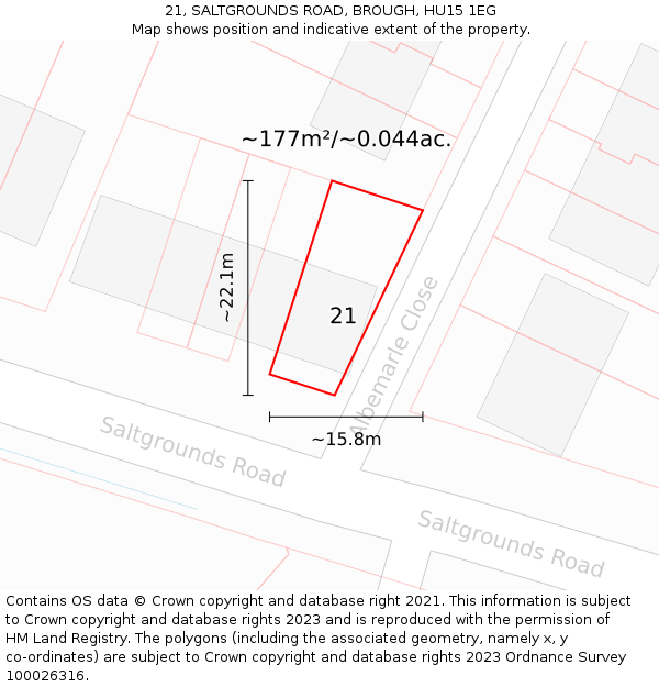 21, SALTGROUNDS ROAD, BROUGH, HU15 1EG: Plot and title map