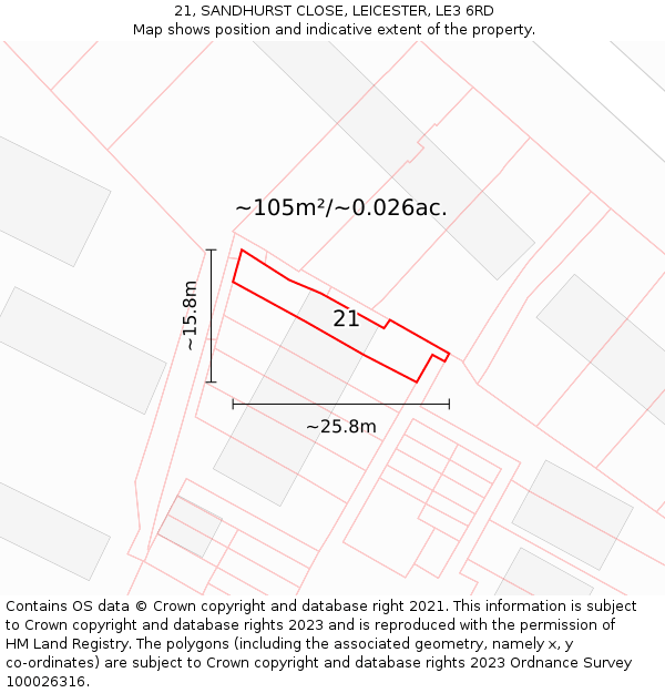 21, SANDHURST CLOSE, LEICESTER, LE3 6RD: Plot and title map