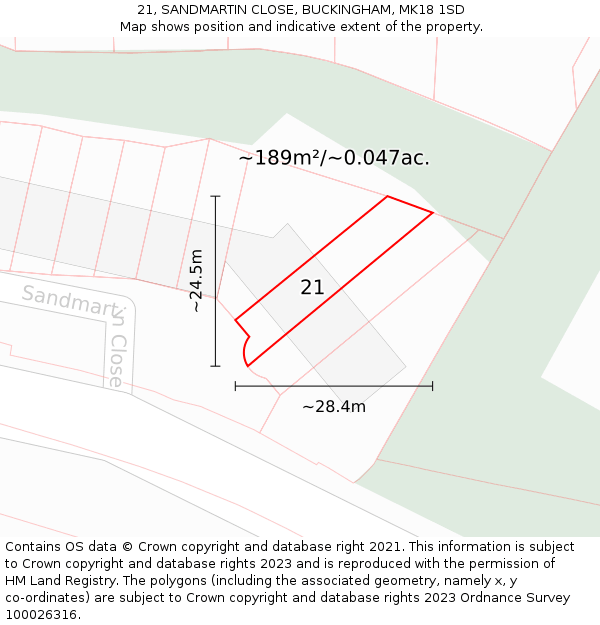 21, SANDMARTIN CLOSE, BUCKINGHAM, MK18 1SD: Plot and title map