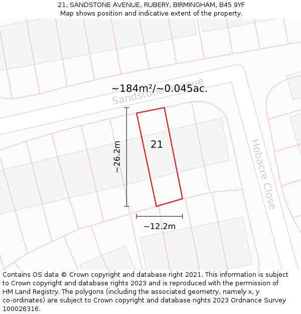 21, SANDSTONE AVENUE, RUBERY, BIRMINGHAM, B45 9YF: Plot and title map
