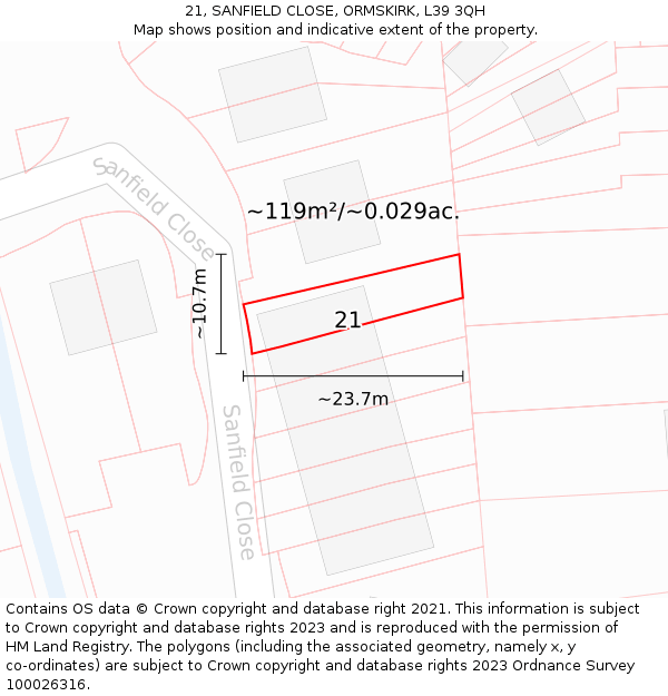 21, SANFIELD CLOSE, ORMSKIRK, L39 3QH: Plot and title map