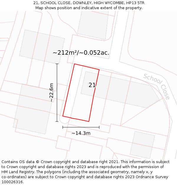 21, SCHOOL CLOSE, DOWNLEY, HIGH WYCOMBE, HP13 5TR: Plot and title map