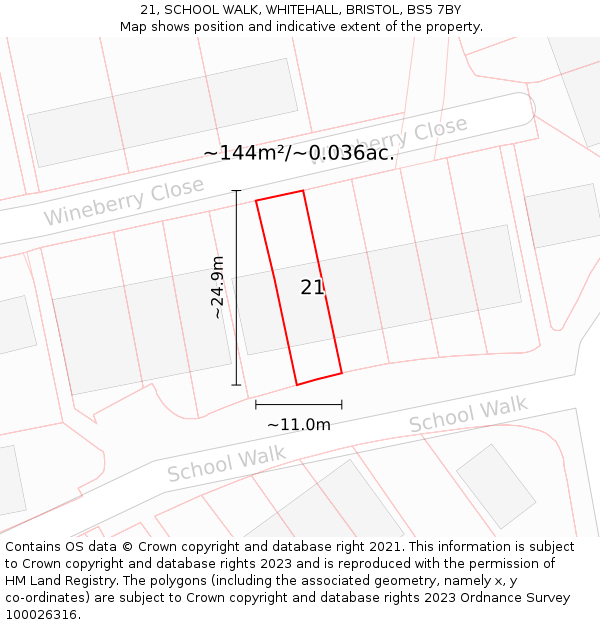 21, SCHOOL WALK, WHITEHALL, BRISTOL, BS5 7BY: Plot and title map