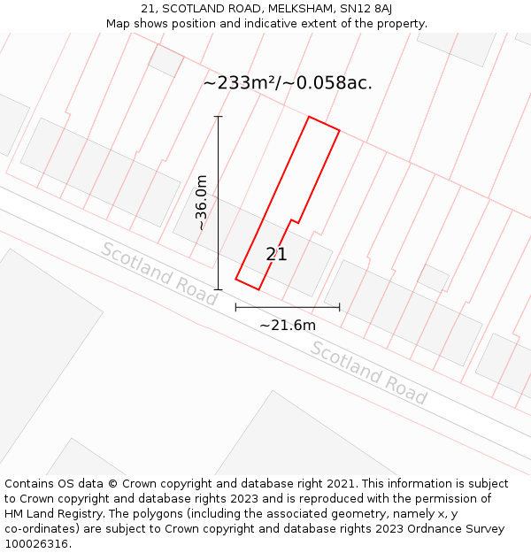 21, SCOTLAND ROAD, MELKSHAM, SN12 8AJ: Plot and title map