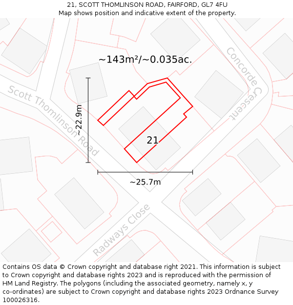 21, SCOTT THOMLINSON ROAD, FAIRFORD, GL7 4FU: Plot and title map