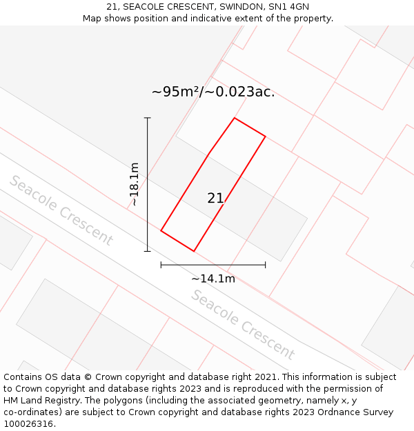 21, SEACOLE CRESCENT, SWINDON, SN1 4GN: Plot and title map