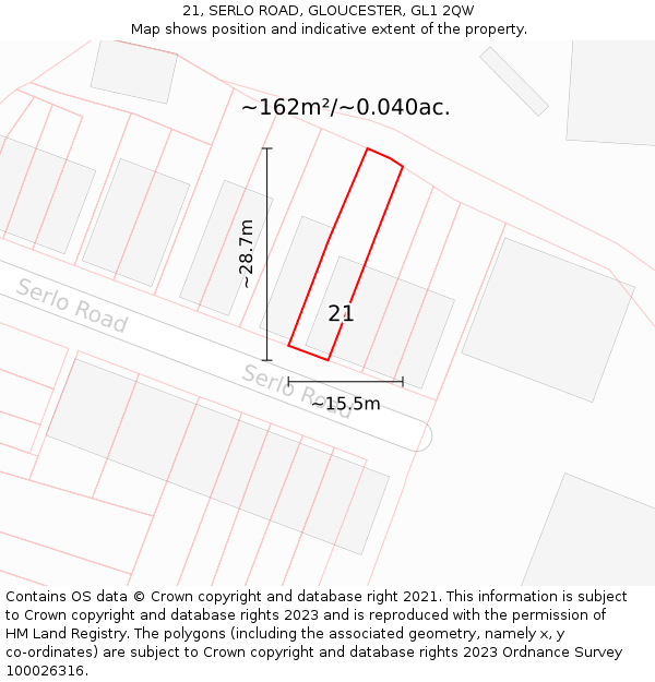 21, SERLO ROAD, GLOUCESTER, GL1 2QW: Plot and title map