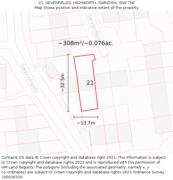 21, SEVENFIELDS, HIGHWORTH, SWINDON, SN6 7NF: Plot and title map