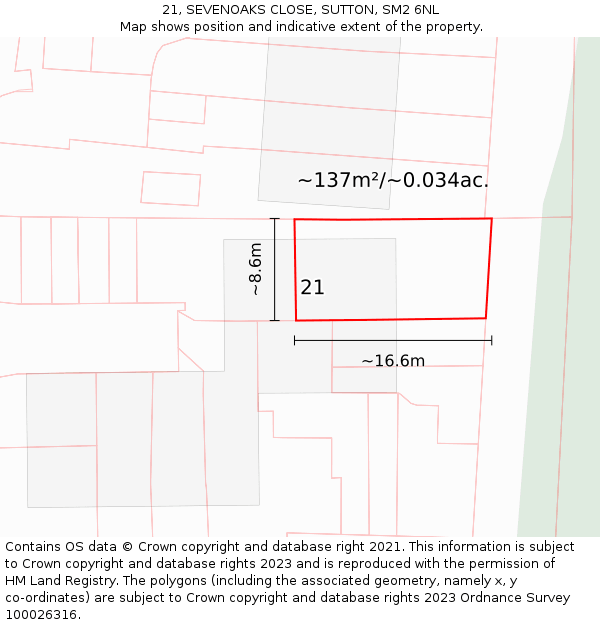 21, SEVENOAKS CLOSE, SUTTON, SM2 6NL: Plot and title map