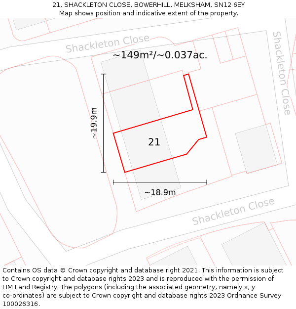 21, SHACKLETON CLOSE, BOWERHILL, MELKSHAM, SN12 6EY: Plot and title map