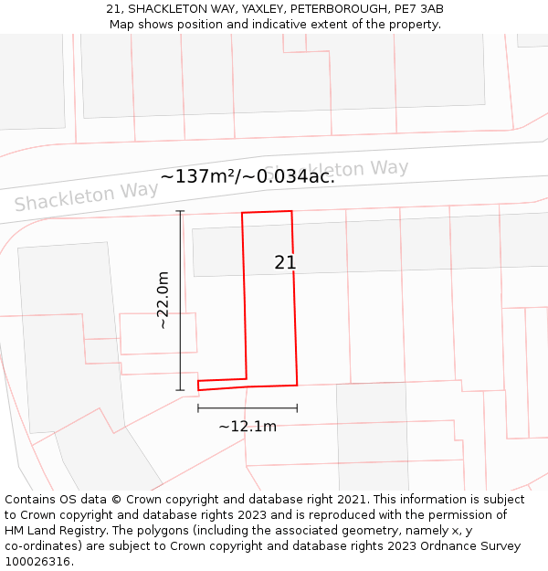21, SHACKLETON WAY, YAXLEY, PETERBOROUGH, PE7 3AB: Plot and title map