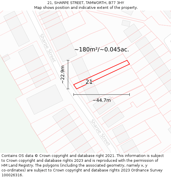 21, SHARPE STREET, TAMWORTH, B77 3HY: Plot and title map
