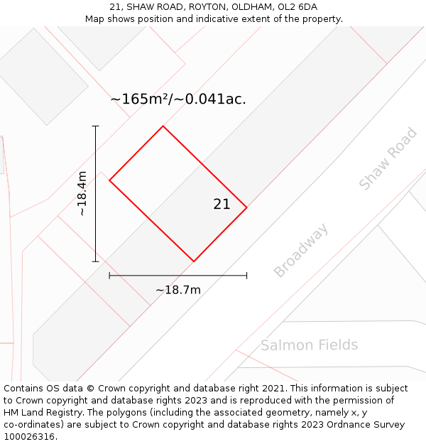21, SHAW ROAD, ROYTON, OLDHAM, OL2 6DA: Plot and title map