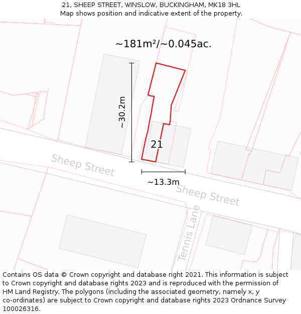 21, SHEEP STREET, WINSLOW, BUCKINGHAM, MK18 3HL: Plot and title map