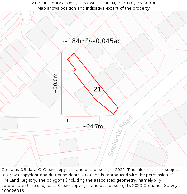 21, SHELLARDS ROAD, LONGWELL GREEN, BRISTOL, BS30 9DP: Plot and title map