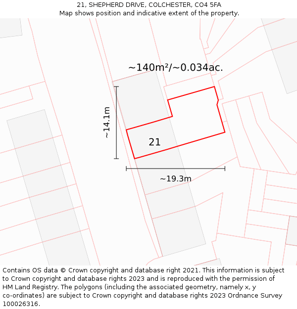 21, SHEPHERD DRIVE, COLCHESTER, CO4 5FA: Plot and title map