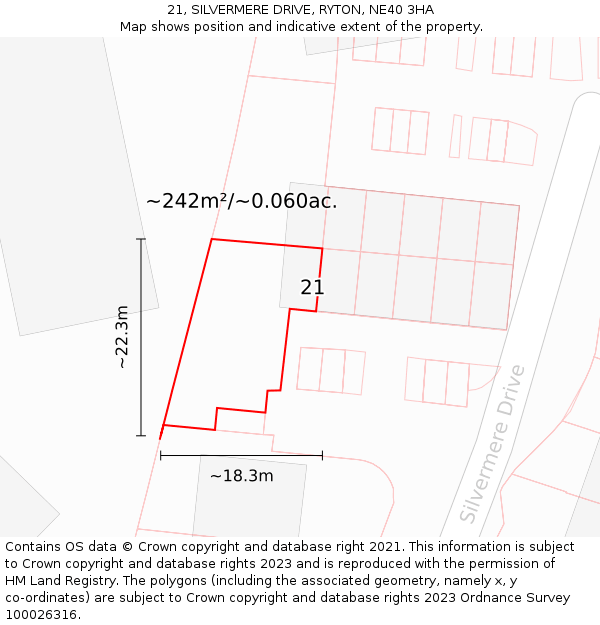 21, SILVERMERE DRIVE, RYTON, NE40 3HA: Plot and title map