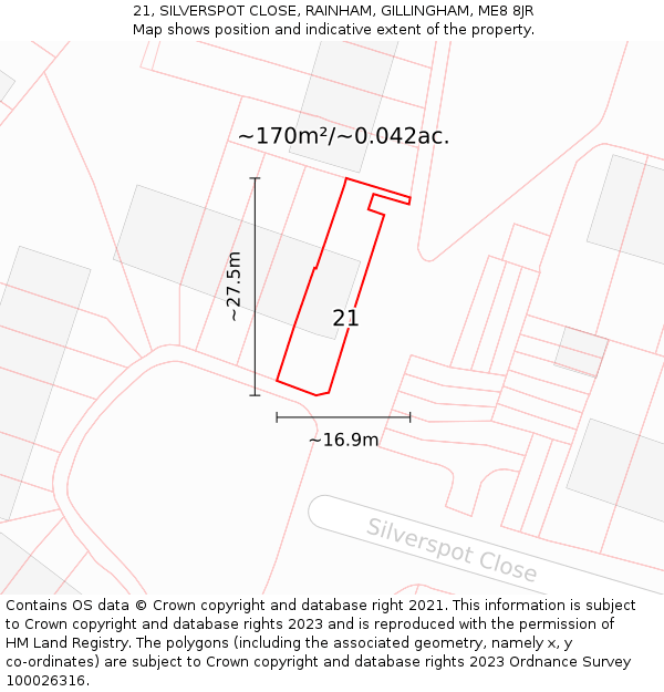 21, SILVERSPOT CLOSE, RAINHAM, GILLINGHAM, ME8 8JR: Plot and title map