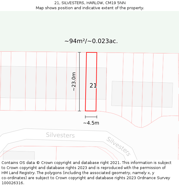 21, SILVESTERS, HARLOW, CM19 5NN: Plot and title map