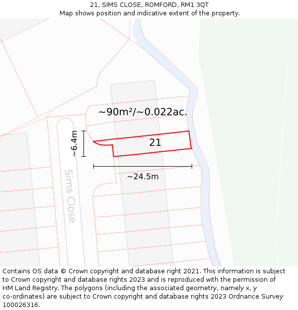 21, SIMS CLOSE, ROMFORD, RM1 3QT: Plot and title map