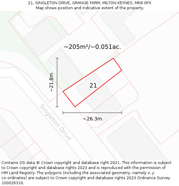 21, SINGLETON DRIVE, GRANGE FARM, MILTON KEYNES, MK8 0PX: Plot and title map